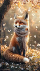 Fototapeta premium Charming Fox in Scarf Surrounded by Blossoms in Enchanted Forest