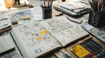 Creative Workspace with Sketchbooks and Art Supplies on Table