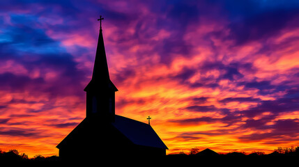 Obraz premium A church steeple silhouetted against a vibrant sunset sky. Vibrant Spire. Illustration