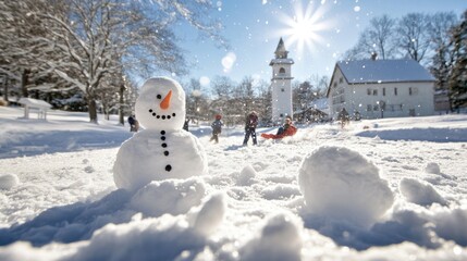 Naklejka premium Families engage in winter fun amidst a snowy landscape. A cheerful snowman stands proudly in the foreground while a distant clock tower adds charm to the scene
