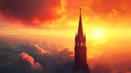 Naklejka premium A serene church spire reaching towards a vibrant sunrise, illuminating the sky with warm colors and creating a peaceful atmosphere. spire. illustration. Vibrant Spire. Illustration