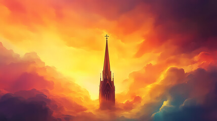 Obraz premium A serene church spire reaching towards a vibrant sunrise, illuminating the sky with warm colors and creating a peaceful atmosphere. Vibrant Spire. Illustration