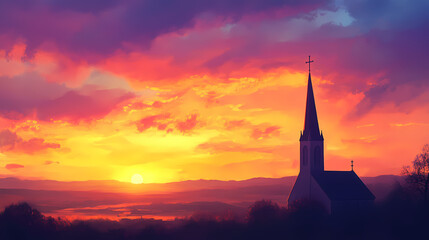 Obraz premium A serene church spire reaching towards a vibrant sunrise, illuminating the sky with warm colors and creating a peaceful atmosphere. Vibrant Spire. Illustration