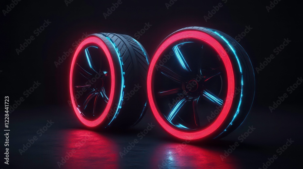 Wall mural neon-lit 3d render of two black alloy wheels with red and cyan glowing tire edges on dark surface