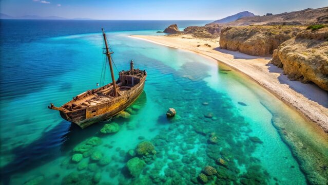 Ancient Greek shipwreck on Kish Island beach with sunken mast and debris scattered around, surrounded by rugged island landscape and turquoise waters , Water, Island
