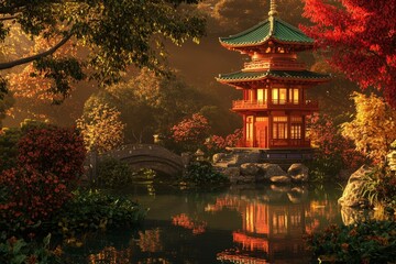 Vivid pagoda in calm garden red green gold tones