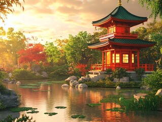 Fototapeta premium Peaceful garden pagoda with red green gold color scheme