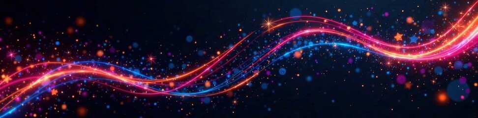 Fototapeta premium Black background with swirling ribbons and shining stars, festive patterns, sparkling elements