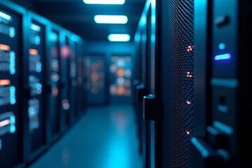 A dimly lit server room filled with rows of sleek black cabinets, illuminated by cool blue lights.