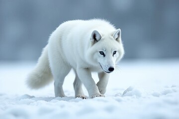 Obraz premium A beautiful white arctic fox walks gracefully through a snowy landscape, showcasing its striking blue eyes and fluffy fur against a soft, wintery backdrop.