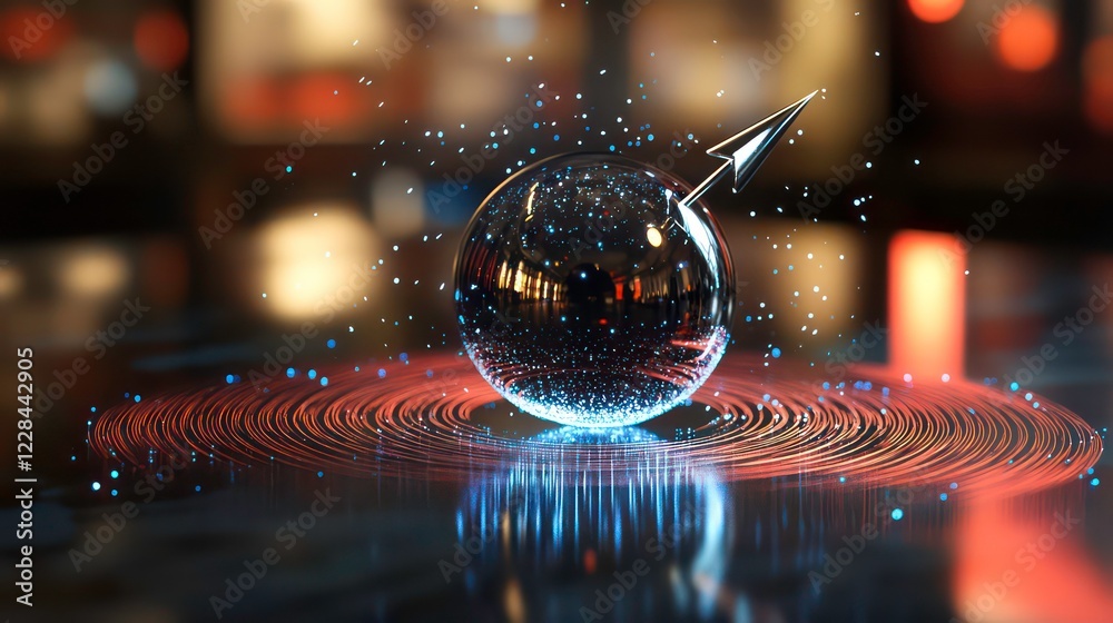 Poster of spintronics arrow rotating around sphere with counterclockwise motion and magnetic field lines , 