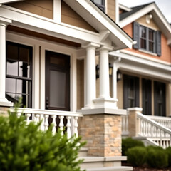 Elegant Home Exterior with Stone Columns and Porch.  Beautiful Architecture and Design.  Perfect Real Estate Photography
