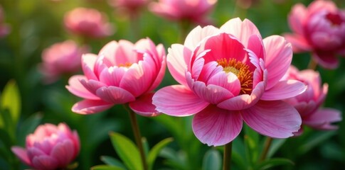 Fototapeta premium Bunch of fresh peony flowers in a garden bed , lush, garden