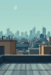 Obraz premium Cityscape Rooftop View Under a Crescent Moon