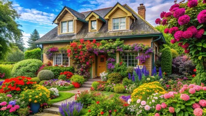 Colorful blooms adorn the facade of a charming home with lush greenery and vibrant flowers in full bloom