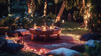 Romantic Outdoor Night Picnic with Fairy Lights