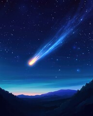 Fototapeta premium Bright comet against black and blue night sky raw style