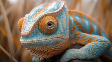 Close-up of a chameleon with blue and orange patterns against a tan background
