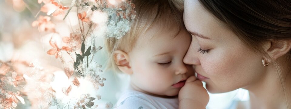 Happy mom: tender hug, smiling baby, joyful moment, heartfelt joy, festive cheer, caring bond, special love, emotional warmth, precious time, celebrated day, maternal connection, affectionate spirit.