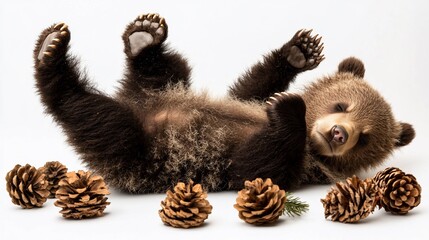 Cute bear cub sleeping on its back surrounded by pine cones on a white background