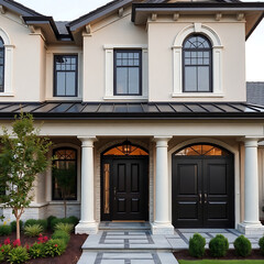 Fototapeta premium Elegant Modern Home Exterior: Luxury Real Estate Architecture, Classic Design, Beige Facade with Dark Columns and Doors