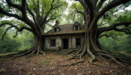 Obraz premium Enigmatic Abandoned House embraced by Ancient Tree Roots