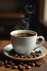 Fototapeta premium Coffee Cup with Coffee Beans, hot drink, afternoon