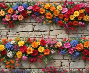 Colorful artificial flowers arranged in a unique pattern on a large stone or brick wall, decorative element, floral patterns