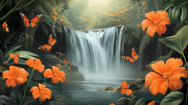 Serene jungle waterfall scene with vibrant orange flowers and butterflies, perfect for relaxation and nature themes. Waterfall Haven. Illustration