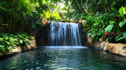 Serene waterfall cascading into a tranquil pool surrounded by lush green foliage, creating a picturesque natural haven. Waterfall Haven. Illustration