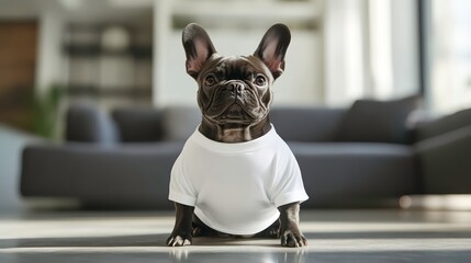 pet French bulldog wear white shirt for mockup,