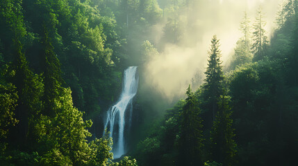 Serenene forest scene with misty waterfall and tall trees, evoking feelings of renewal and rejuvenation in the healing ambiance of untouched nature's beauty. Waterfall Haven. Illustration