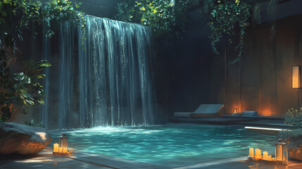 Soothing waterfall in a serene spa setting, tranquil scene, peaceful haven. Waterfall Haven. Illustration