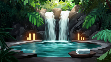 Soothing waterfall in a serene spa setting, tranquil scene, peaceful haven. Waterfall Haven. Illustration