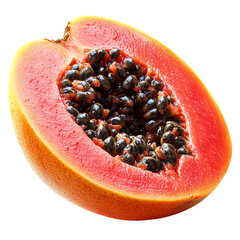A halved papaya showcasing its vibrant orange flesh and black seeds.
