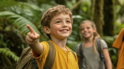 Happy Child Pointing and Exploring Nature in Lush Green Forest
