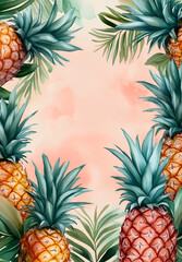 Fototapeta premium watercolor border of pineapples with leaves on the edges, creating an elegant and fresh design for a Valentine's Day card template.