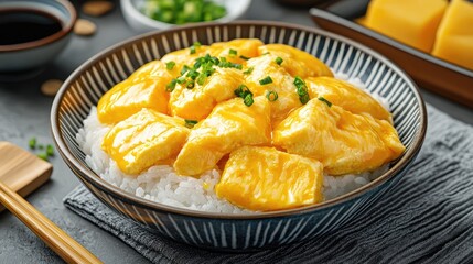 A bowl of Japanese tamago sushi, featuring sweet egg omelette on vinegared rice, surrounded by plenty of space for branding.