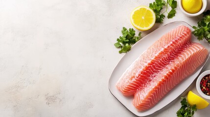 A clean and minimal setup with raw fish laid out on a neutral background with plenty of copy space.