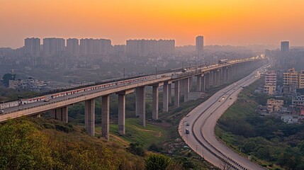 Elevated train transit highway sunset cityscape commuting