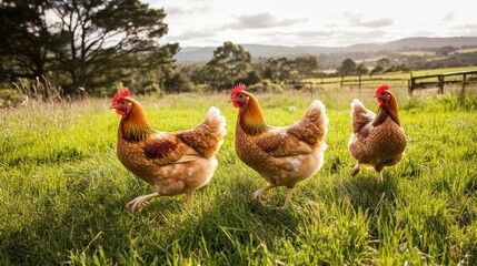 Three hens stroll rural pasture, sunset hills