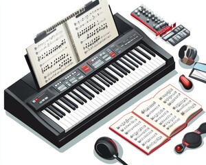 Fototapeta premium Online music lesson with sheet music keyboard and realism