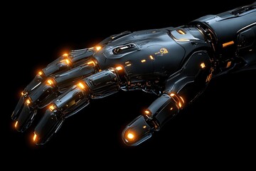 Naklejka premium Close-up of a futuristic robotic hand with glowing orange joints against a black background.