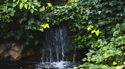 Vines and creepers cover small waterfall, creepers, peaceful haven. Waterfall Haven. Illustration