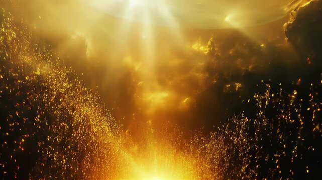 In a dark void, warm golden light illuminates cascading particles during a timeless moment, creating a luxurious atmosphere. 