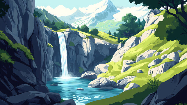 Waterfall in the bavona swiss alpine valley from above, rugged terrain, peaceful haven. Waterfall Haven. Illustration