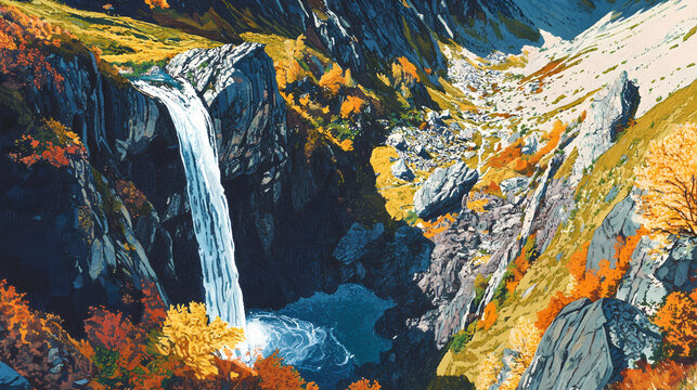 Waterfall in the bavona swiss alpine valley from above, rugged terrain, peaceful haven. Waterfall Haven. Illustration