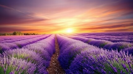 Obraz premium Sunset Lavender Field Provence, France; idyllic summer landscape, travel brochure