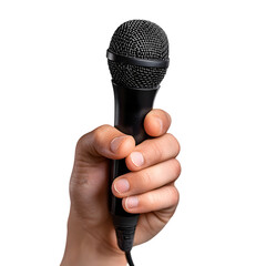 Hand Gripping Black and Silver Wired Microphone, Broadcasting and Music Industry Tool, Isolated on Transparent Background