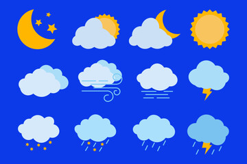 Modern weather icons set. Flat vector symbols on blue background.